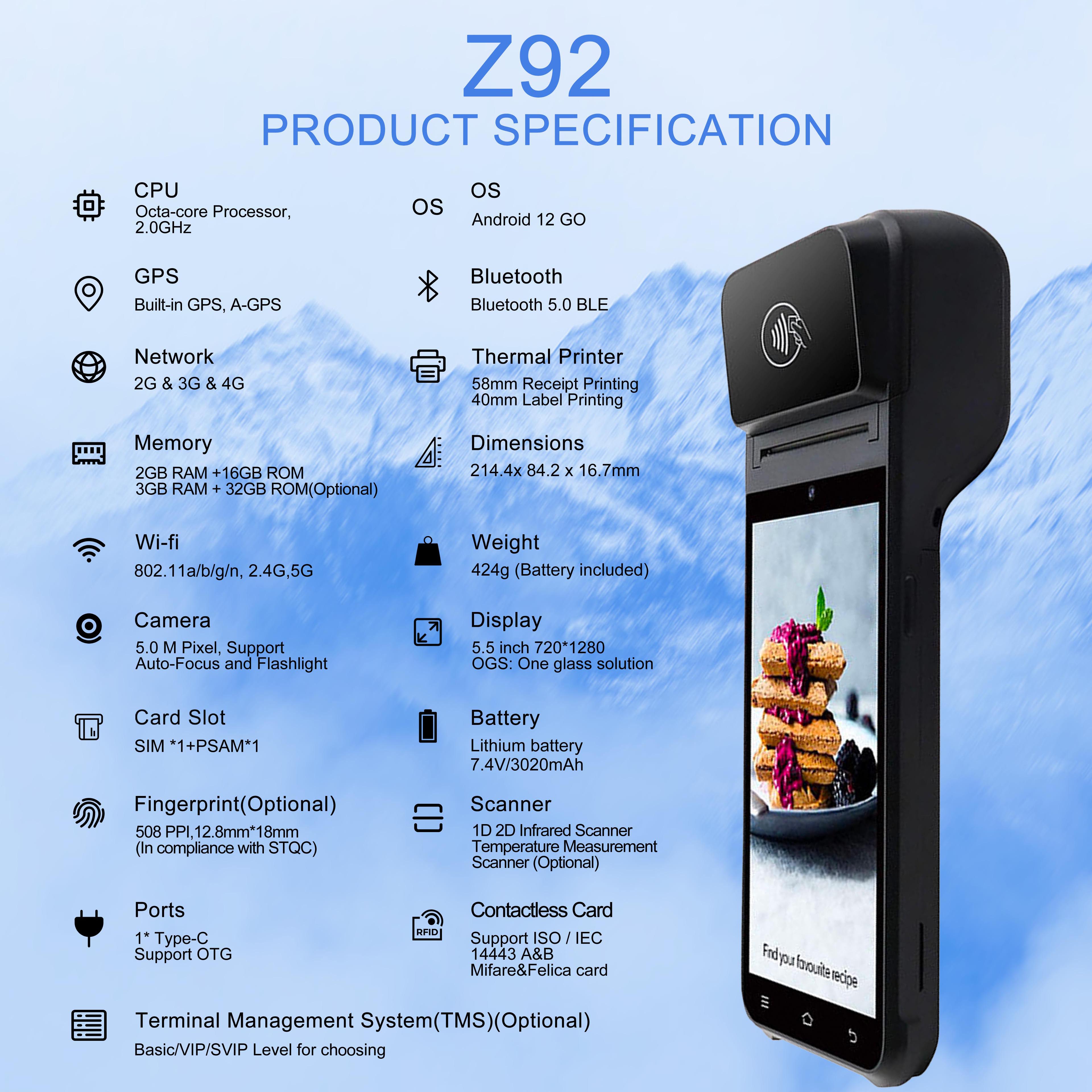 Z92 Dark Blue 58mm Touch Screen POS Machine