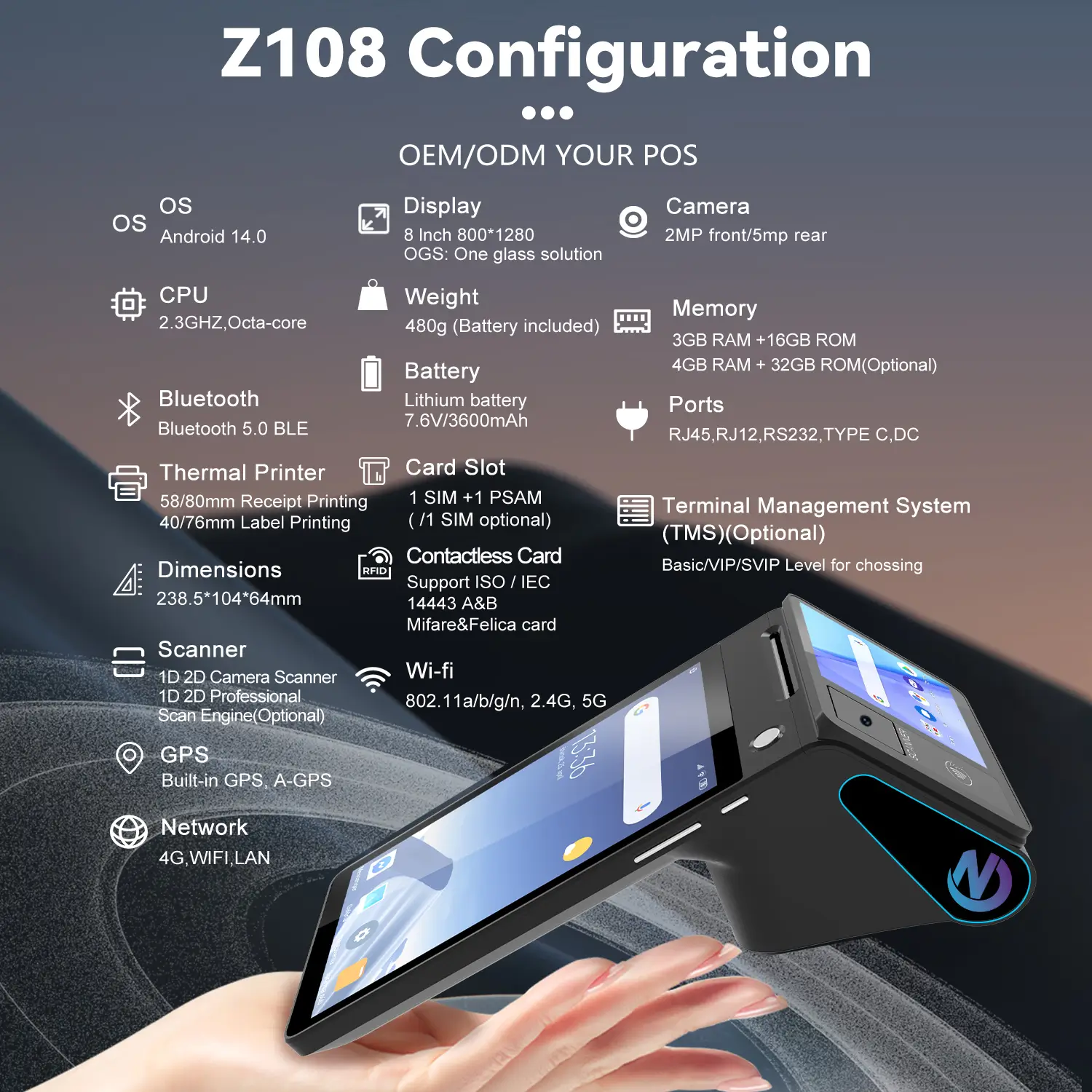 Z108 8inch Desktop/Portable Android POS